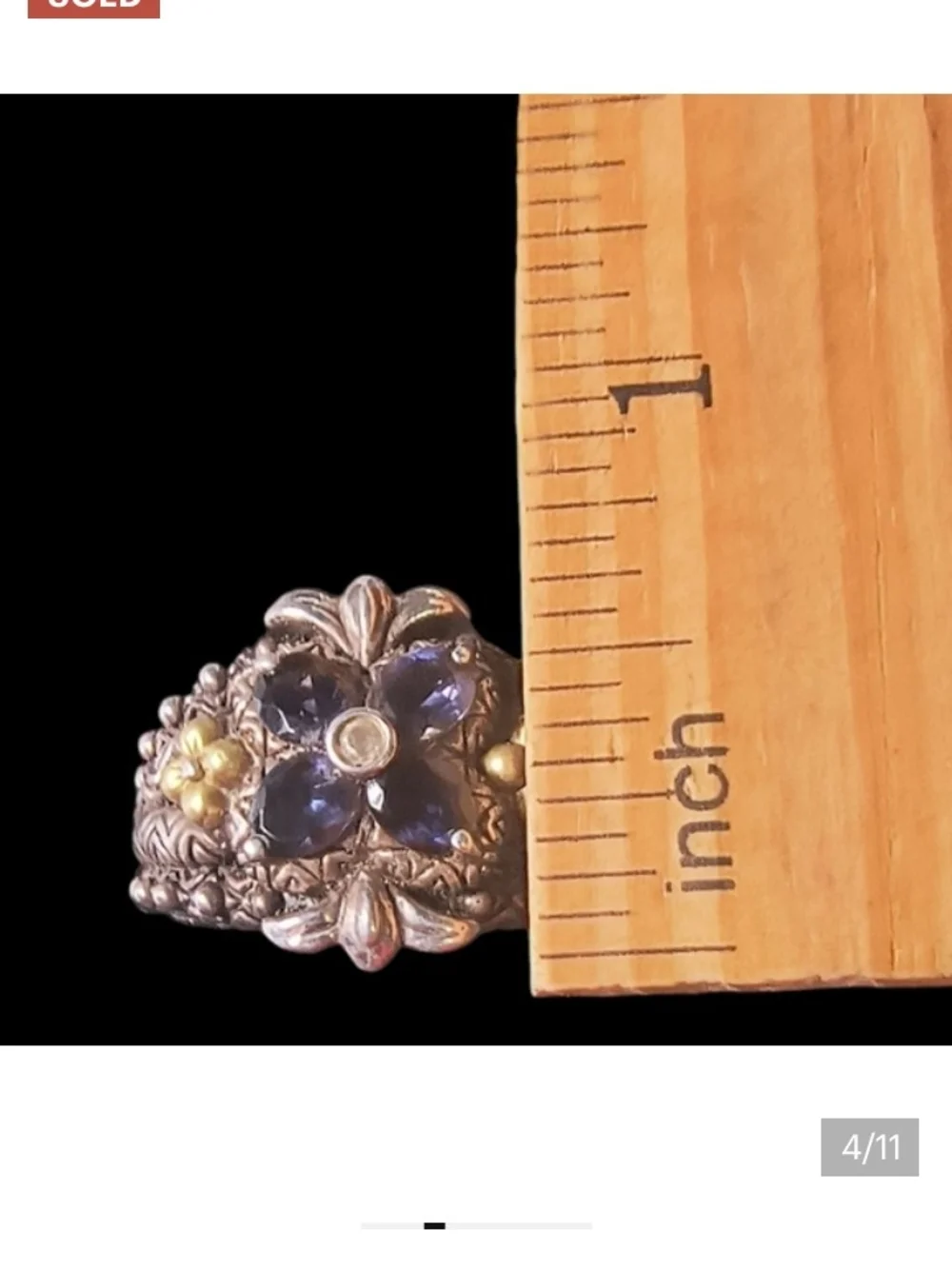 Barbara Bixby Sz 10 Sterling Silver Floral Iolite Ring with 18k Gold Accents